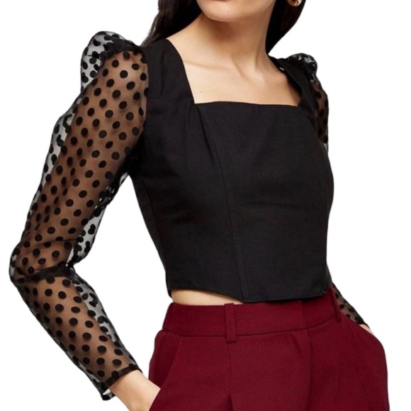 Topshop Black Polka Dot Sheer Long Sleeve Top with Sew-In Corset Boning Size 4 - Picture 1 of 9